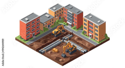Isometric urban construction scene with excavators and buildings