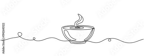 Cup with steam sitting on continuous line minimal white background