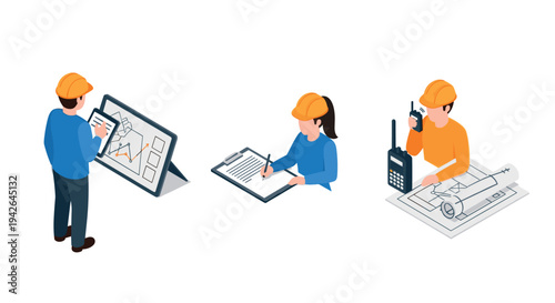 Isometric engineer characters using technology and planning tools