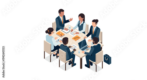 Isometric business meeting with diverse team discussing strategy