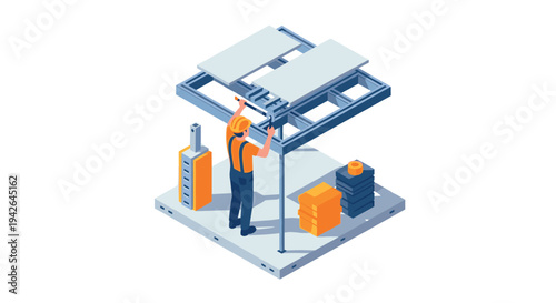 Worker installing solar panels on rooftop in isometric style