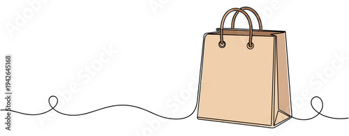 Paper shopping bag standing on white background with single line
