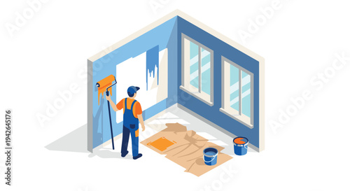 Isometric painting scene with painter renovating interior wall