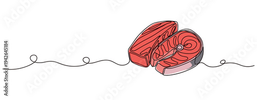 Raw salmon steaks resting on continuous line white background