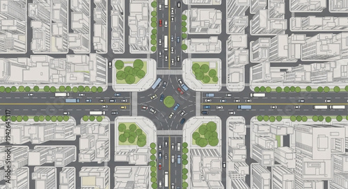 Aerial View of a City Intersection with Green Spaces.