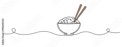 Rice bowl with chopsticks placed on continuous single line