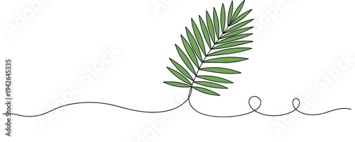 Palm frond lying on continuous line over white background