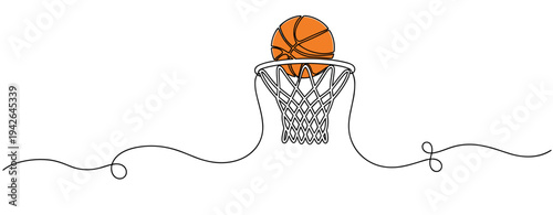Basketball dropping through hoop in continuous line illustration