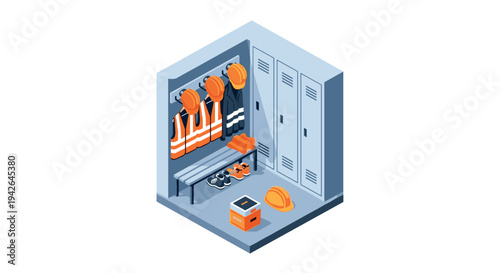Isometric locker room with safety gear in construction setting