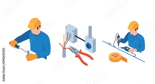 Isometric electrician tasks: technician working with tools and equipment