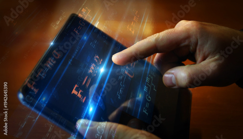 Physics formulas news titles on screen in hand 3d illustration