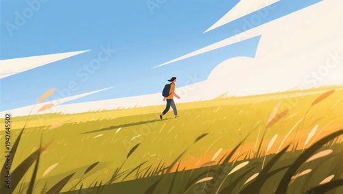 Illustration Of An Adventurer Walking Alone In A Vast Meadow With An Open Sky Vector Design Template