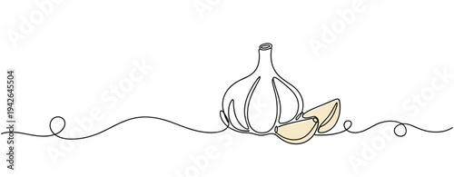 Garlic bulbs and cloves on continuous line drawing