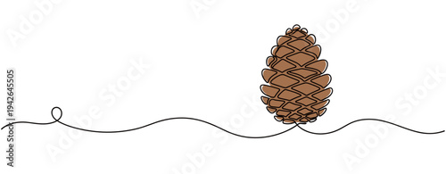 Pine cone standing on continuous line white background