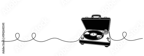 Portable record player spinning vinyl on continuous line