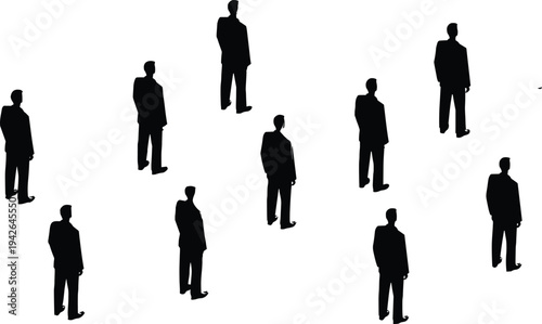 Business people silhouettes scattered standing in different positions, corporate crowd vector illustration for teamwork, office environment and social concept design