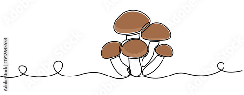 Cluster of mushrooms growing on wavy line in single line drawing