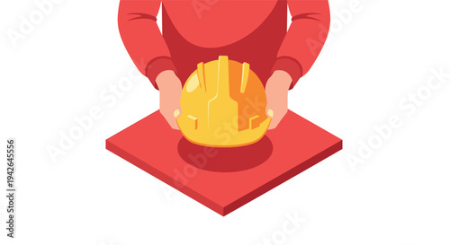 Isometric worker holding safety helmet on red platform