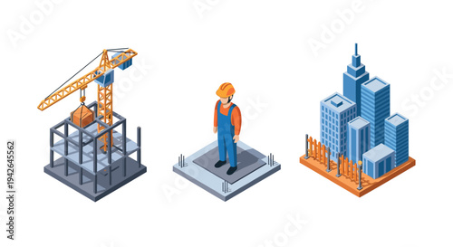 Isometric construction design with crane, worker, and skyscraper elements
