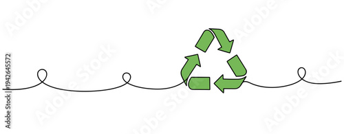 Recycle symbol resting on continuous line in white background