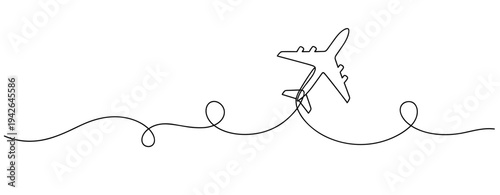 Airplane outline flying above simple line on white background