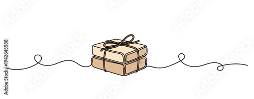 Wrapped parcel tied with string on white continuous line