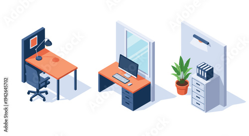 Modern isometric office workspace with desks, computers, and accessories