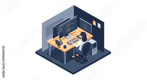 Isometric workspace with programmer at desk in modern office setup