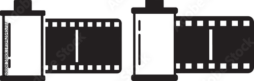 Black film roll and canister icons, isolated on white background. Vector illustration