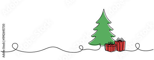Christmas tree with gifts placed on white line background