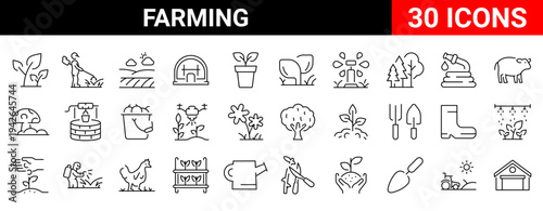 Modern farming line icons set designed for agriculture, farm management and food production. Clean outline icons with editable stroke, perfect for agritech platforms, organic farming projects