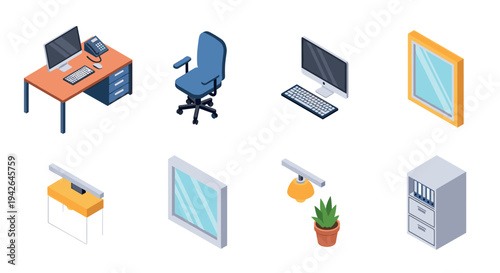Modern office essentials in isometric design for business and work spaces