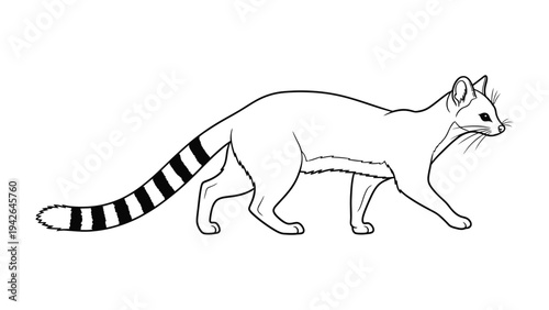 Elegant Genet Sketch: A graceful genet with its distinctive striped tail and slender physique strides confidently across the frame, a testament to the elegant simplicity of nature.