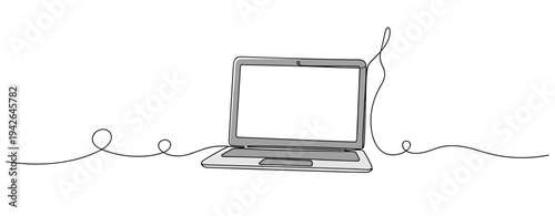 Laptop displaying blank screen with cable on white background