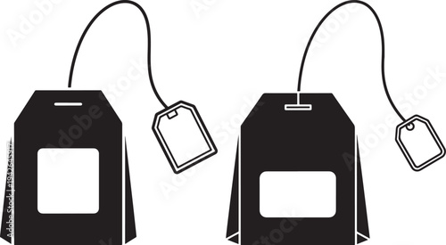 Black tea bag icons with tags and string, isolated on white background. Vector illustration