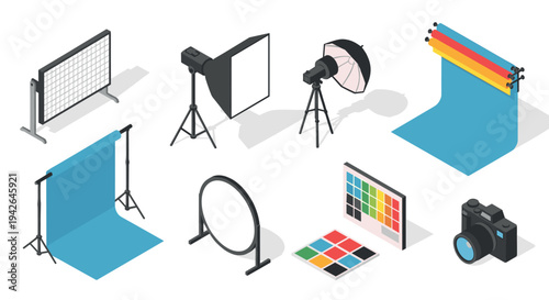 Isometric photography studio equipment with backdrops and lighting