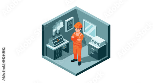 Factory worker in control room isometric design with industrial equipment and technology elements