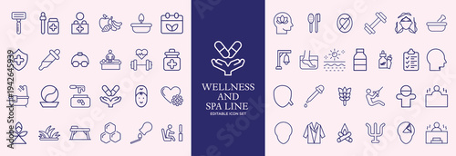 Wellness and Spa Line Editable Icons set. Vector illustration in modern thin line style of components of a healthy lifestyle, face , recreation. Pictograms and infographics