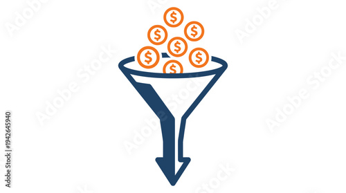 Sales funnel icon with dollar coins for business conversion concept