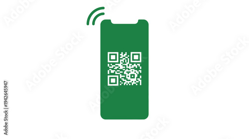 Green smartphone icon with QR code for mobile payment scanning