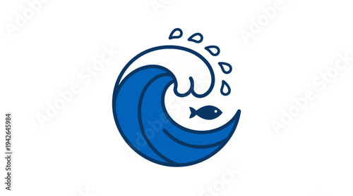 Minimalist blue ocean wave icon with fish and droplets