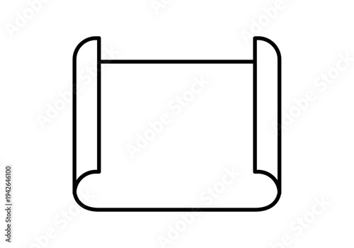 Papel en blanco desenrollado o pergamino simple con bordes curvos en líneas negras