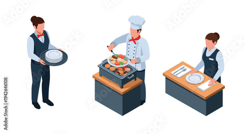 Isometric catering scene with chefs and servers in action