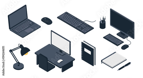 Isometric office essentials: desk, devices, and stationery in modern workspace design