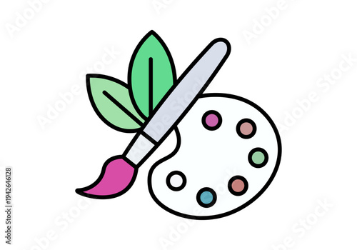 Paleta de pintor con pincel y hojas verdes que simboliza el arte ecológico y la creatividad natural