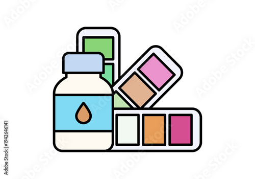 Frasco de pintura junto a paletas de colores para proyectos de decoración y diseño creativo