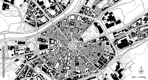 Detailed aerial view of a city plan with radial streets.