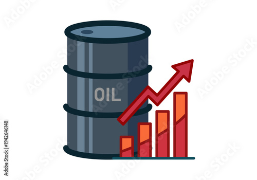 Barril de petróleo junto a un gráfico de barras ascendente y una flecha roja que representa el encarecimiento por crisis