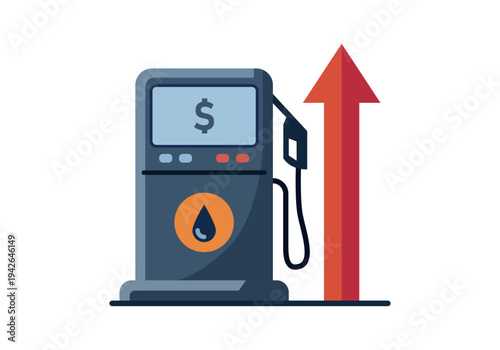 Surtidor de gasolina con símbolo de dólar y flecha roja ascendente que representa el aumento del precio del combustible