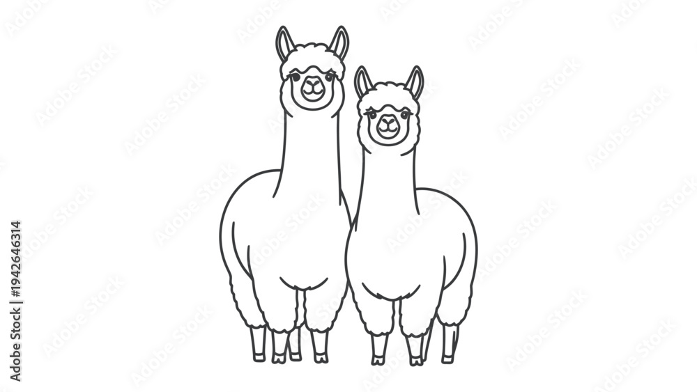 Naklejka premium Alpaca Couple: Two charming alpaca with long necks stand side-by-side, their fluffy coats contrasting against a clean backdrop, capturing the essence of companionship.